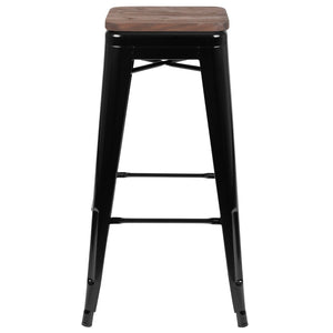English Elm Commercial Grade Cierra 30" High Metal Indoor Bar Stool with Wood Seat in - Stackable Set of 4