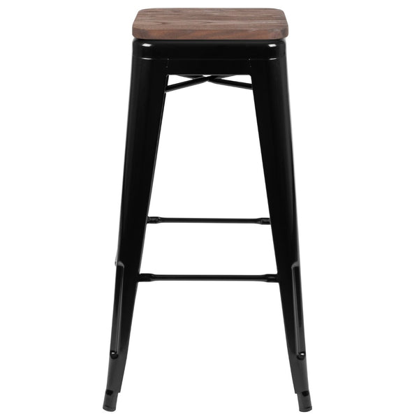 English Elm Commercial Grade Cierra 30" High Metal Indoor Bar Stool with Wood Seat in - Stackable Set of 4