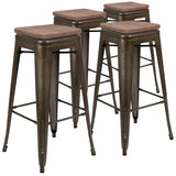 English Elm Commercial Grade Cierra 30" High Metal Indoor Bar Stool with Wood Seat in - Stackable Set of 4