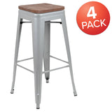 English Elm Commercial Grade Cierra 30" High Metal Indoor Bar Stool with Wood Seat in - Stackable Set of 4