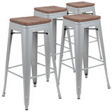 English Elm Commercial Grade Cierra 30" High Metal Indoor Bar Stool with Wood Seat in - Stackable Set of 4