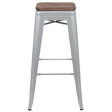 English Elm Commercial Grade Cierra 30" High Metal Indoor Bar Stool with Wood Seat in - Stackable Set of 4