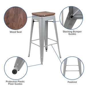 English Elm Commercial Grade Cierra 30" High Metal Indoor Bar Stool with Wood Seat in - Stackable Set of 4