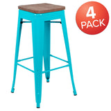 English Elm Commercial Grade Cierra 30" High Metal Indoor Bar Stool with Wood Seat in - Stackable Set of 4