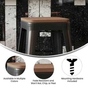 English Elm Commercial Grade Poly Resin Wood Square Seat with Rounded Edges for Colorful Metal Barstools