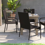 English Elm Set of 4 Stackable Indoor/Outdoor Wicker Dining Chairs with Arms - Fade & Weather-Resistant Steel Frames -