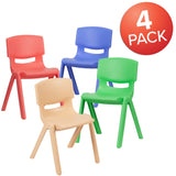 English Elm Commercial Grade 4 Pack Plastic Stackable School Chairs with 13.25" Seat Height, Colors