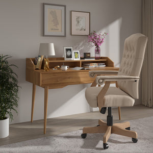 English Elm Commercial Grade Ivory Microfiber Classic Executive Swivel Office Chair with Driftwood Arms and Base