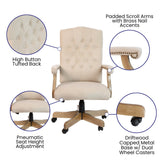 English Elm Commercial Grade Ivory Microfiber Classic Executive Swivel Office Chair with Driftwood Arms and Base