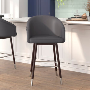 English Elm Commercial Grade 26" Commercial Grade Mid-Back Modern Counter Stool with Walnut Finish Beechwood Legs and Contoured Back, LeatherSoft/Silver Accents