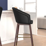 English Elm Commercial Grade 30" Commercial Grade Mid-Back Modern Barstool with Walnut Finish Beechwood Legs and Curved Back, LeatherSoft with Muted Bronze Accents