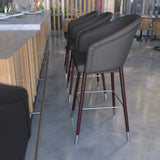 English Elm Commercial Grade 30" Commercial Grade Mid-Back Modern Barstool with Walnut Finish Beechwood Legs and Curved Back, LeatherSoft/Silver Accents