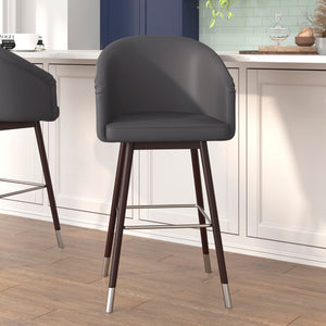 English Elm Commercial Grade 30" Commercial Grade Mid-Back Modern Barstool with Walnut Finish Beechwood Legs and Curved Back, LeatherSoft/Silver Accents