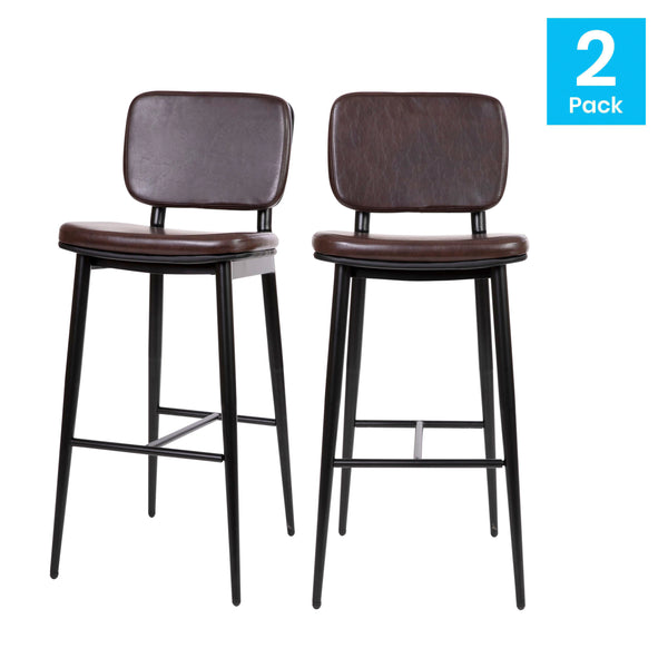 English Elm Commercial Grade Commercial Grade Mid-Back Barstools - LeatherSoft Upholstery - Black Iron Frame with Integrated Footrest - - Set of 2