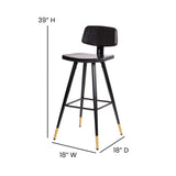 English Elm Commercial Grade Commercial Grade Low Back Barstools- LeatherSoft Upholstery- Iron Frame-Integrated Footrest-Gold Tipped Legs- - Set of 2