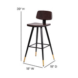 English Elm Commercial Grade Commercial Grade Low Back Barstools- LeatherSoft Upholstery-Black Iron Frame-Integrated Footrest-Gold Tipped Legs- - Set of 2