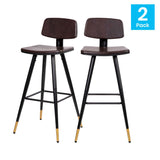 English Elm Commercial Grade Commercial Grade Low Back Barstools- LeatherSoft Upholstery-Black Iron Frame-Integrated Footrest-Gold Tipped Legs- - Set of 2