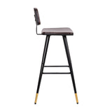 English Elm Commercial Grade Commercial Grade Low Back Barstools- LeatherSoft Upholstery-Black Iron Frame-Integrated Footrest-Gold Tipped Legs- - Set of 2