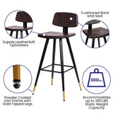 English Elm Commercial Grade Commercial Grade Low Back Barstools- LeatherSoft Upholstery-Black Iron Frame-Integrated Footrest-Gold Tipped Legs- - Set of 2