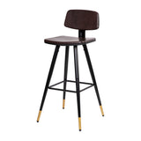 English Elm Commercial Grade Commercial Grade Low Back Barstools- LeatherSoft Upholstery-Black Iron Frame-Integrated Footrest-Gold Tipped Legs- - Set of 2