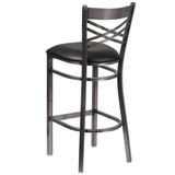 English Elm Commercial Grade Series Clear Coated ''X'' Back Metal Restaurant Barstool - Vinyl Seat