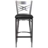 English Elm Commercial Grade Series Clear Coated ''X'' Back Metal Restaurant Barstool - Vinyl Seat