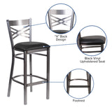 English Elm Commercial Grade Series Clear Coated ''X'' Back Metal Restaurant Barstool - Vinyl Seat