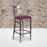 English Elm Commercial Grade Series Clear Coated ''X'' Back Metal Restaurant Barstool - Vinyl Seat