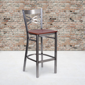 English Elm Commercial Grade Series Clear Coated ''X'' Back Metal Restaurant Barstool - Cherry Wood Seat