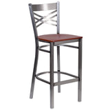 English Elm Commercial Grade Series Clear Coated ''X'' Back Metal Restaurant Barstool - Cherry Wood Seat