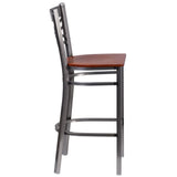 English Elm Commercial Grade Series Clear Coated ''X'' Back Metal Restaurant Barstool - Cherry Wood Seat