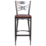 English Elm Commercial Grade Series Clear Coated ''X'' Back Metal Restaurant Barstool - Cherry Wood Seat