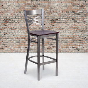 English Elm Commercial Grade Series Clear Coated ''X'' Back Metal Restaurant Barstool - Mahogany Wood Seat