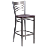 English Elm Commercial Grade Series Clear Coated ''X'' Back Metal Restaurant Barstool - Mahogany Wood Seat