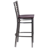 English Elm Commercial Grade Series Clear Coated ''X'' Back Metal Restaurant Barstool - Mahogany Wood Seat