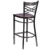 English Elm Commercial Grade Series Clear Coated ''X'' Back Metal Restaurant Barstool - Mahogany Wood Seat