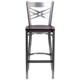 English Elm Commercial Grade Series Clear Coated ''X'' Back Metal Restaurant Barstool - Mahogany Wood Seat