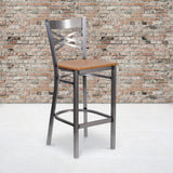 English Elm Commercial Grade Series Clear Coated ''X'' Back Metal Restaurant Barstool - Wood Seat