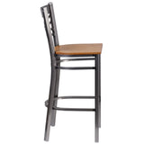 English Elm Commercial Grade Series Clear Coated ''X'' Back Metal Restaurant Barstool - Wood Seat