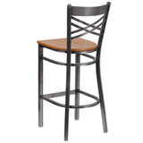 English Elm Commercial Grade Series Clear Coated ''X'' Back Metal Restaurant Barstool - Wood Seat