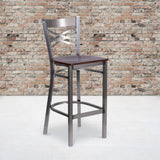 Commercial Grade Series Clear Coated ''X'' Back Metal Restaurant Barstool - Walnut Wood Seat