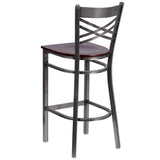 English Elm Commercial Grade Series Clear Coated ''X'' Back Metal Restaurant Barstool - Walnut Wood Seat