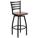 English Elm Commercial Grade Series Black Ladder Back Swivel Metal Barstool - Cherry Wood Seat