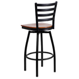 English Elm Commercial Grade Series Black Ladder Back Swivel Metal Barstool - Cherry Wood Seat