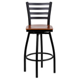 English Elm Commercial Grade Series Black Ladder Back Swivel Metal Barstool - Cherry Wood Seat