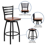 English Elm Commercial Grade Series Black Ladder Back Swivel Metal Barstool - Cherry Wood Seat