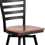 English Elm Commercial Grade Series Black Ladder Back Swivel Metal Barstool - Cherry Wood Seat