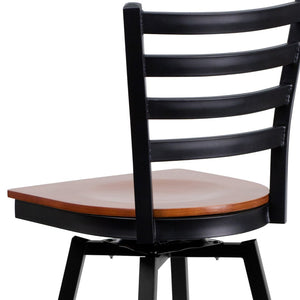 English Elm Commercial Grade Series Black Ladder Back Swivel Metal Barstool - Cherry Wood Seat