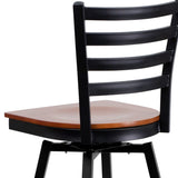 English Elm Commercial Grade Series Black Ladder Back Swivel Metal Barstool - Cherry Wood Seat