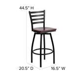 English Elm Commercial Grade Series Black Ladder Back Swivel Metal Barstool - Mahogany Wood Seat